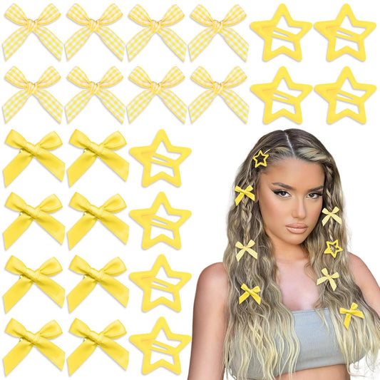24PCS Yellow Bow Hair Clip 3 Styles Ribbon Hair Barrettes Metal Snap Star Hair Clips Y2k Plaid Bowknot Hair Accessories for Women