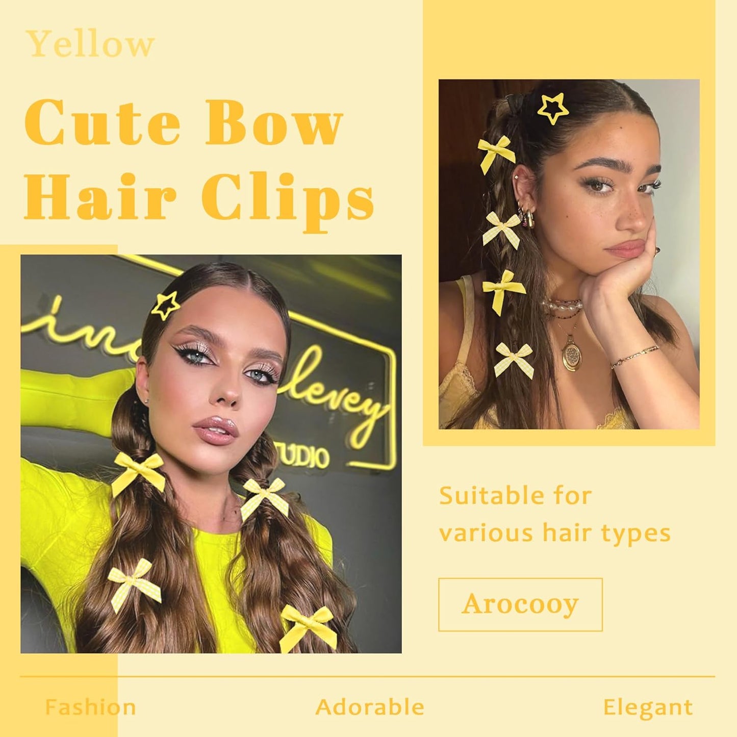 24PCS Yellow Bow Hair Clip 3 Styles Ribbon Hair Barrettes Metal Snap Star Hair Clips Y2k Plaid Bowknot Hair Accessories for Women