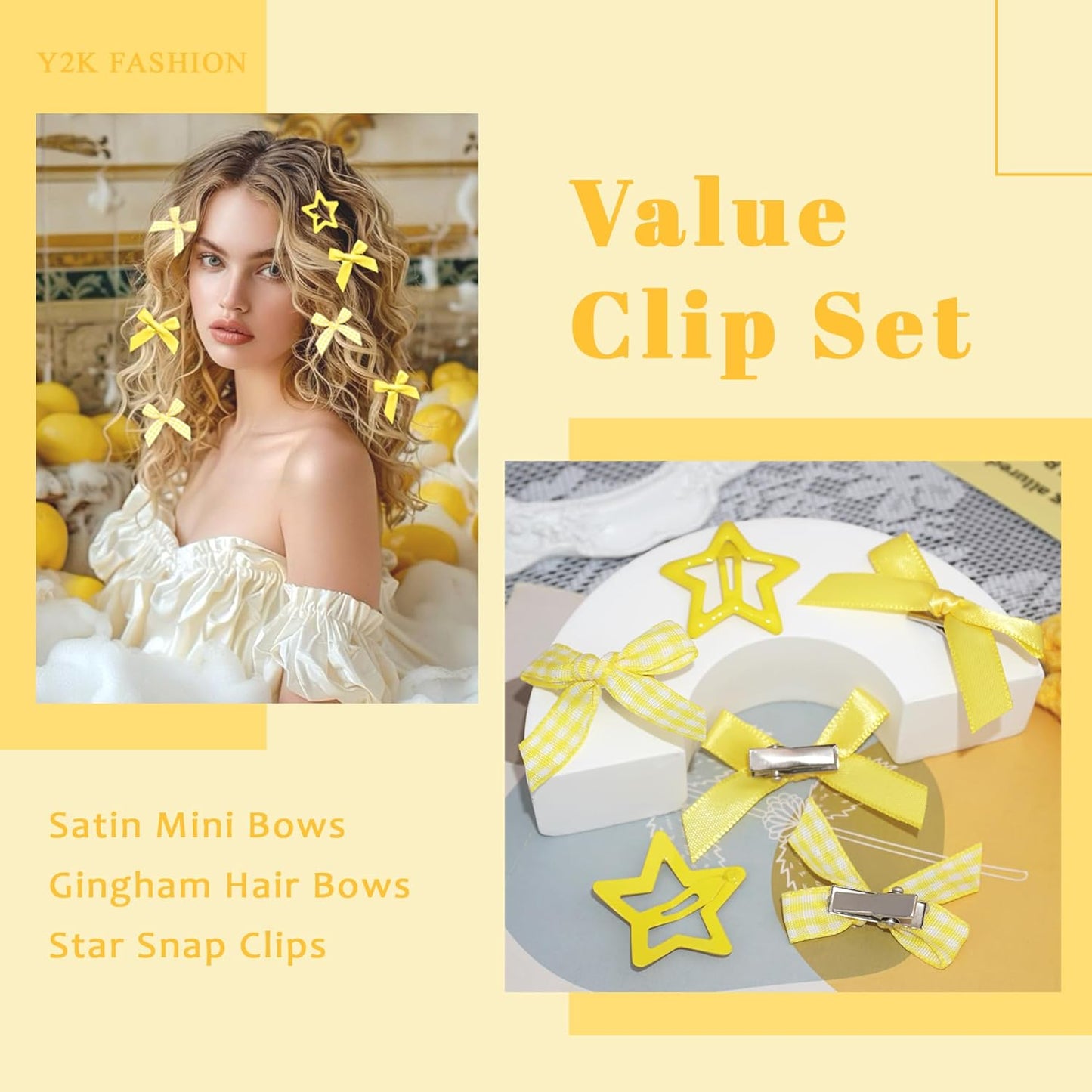 24PCS Yellow Bow Hair Clip 3 Styles Ribbon Hair Barrettes Metal Snap Star Hair Clips Y2k Plaid Bowknot Hair Accessories for Women