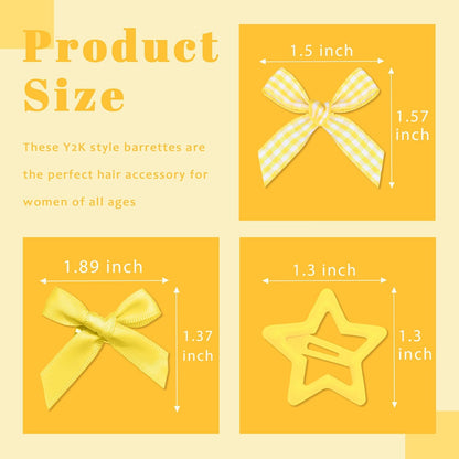 24PCS Yellow Bow Hair Clip 3 Styles Ribbon Hair Barrettes Metal Snap Star Hair Clips Y2k Plaid Bowknot Hair Accessories for Women