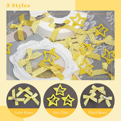 24PCS Yellow Bow Hair Clip 3 Styles Ribbon Hair Barrettes Metal Snap Star Hair Clips Y2k Plaid Bowknot Hair Accessories for Women