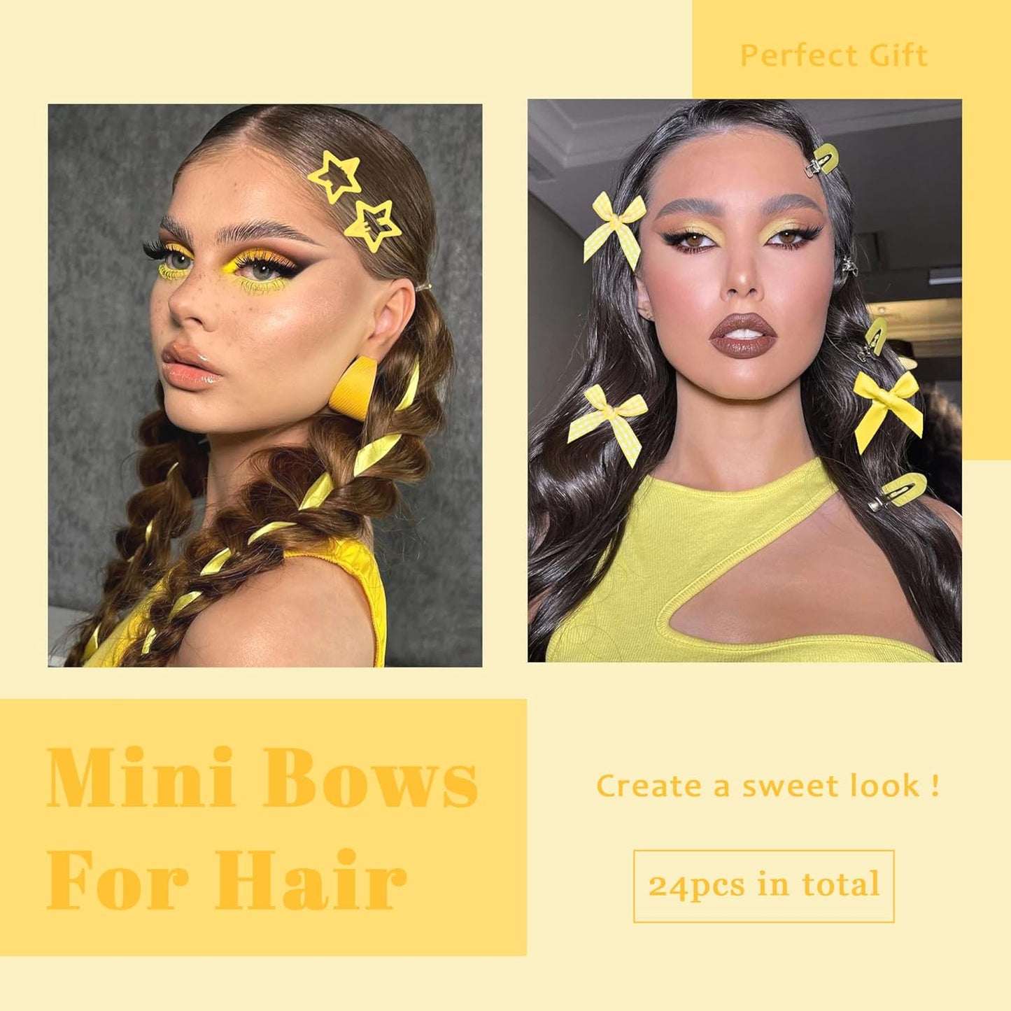 24PCS Yellow Bow Hair Clip 3 Styles Ribbon Hair Barrettes Metal Snap Star Hair Clips Y2k Plaid Bowknot Hair Accessories for Women