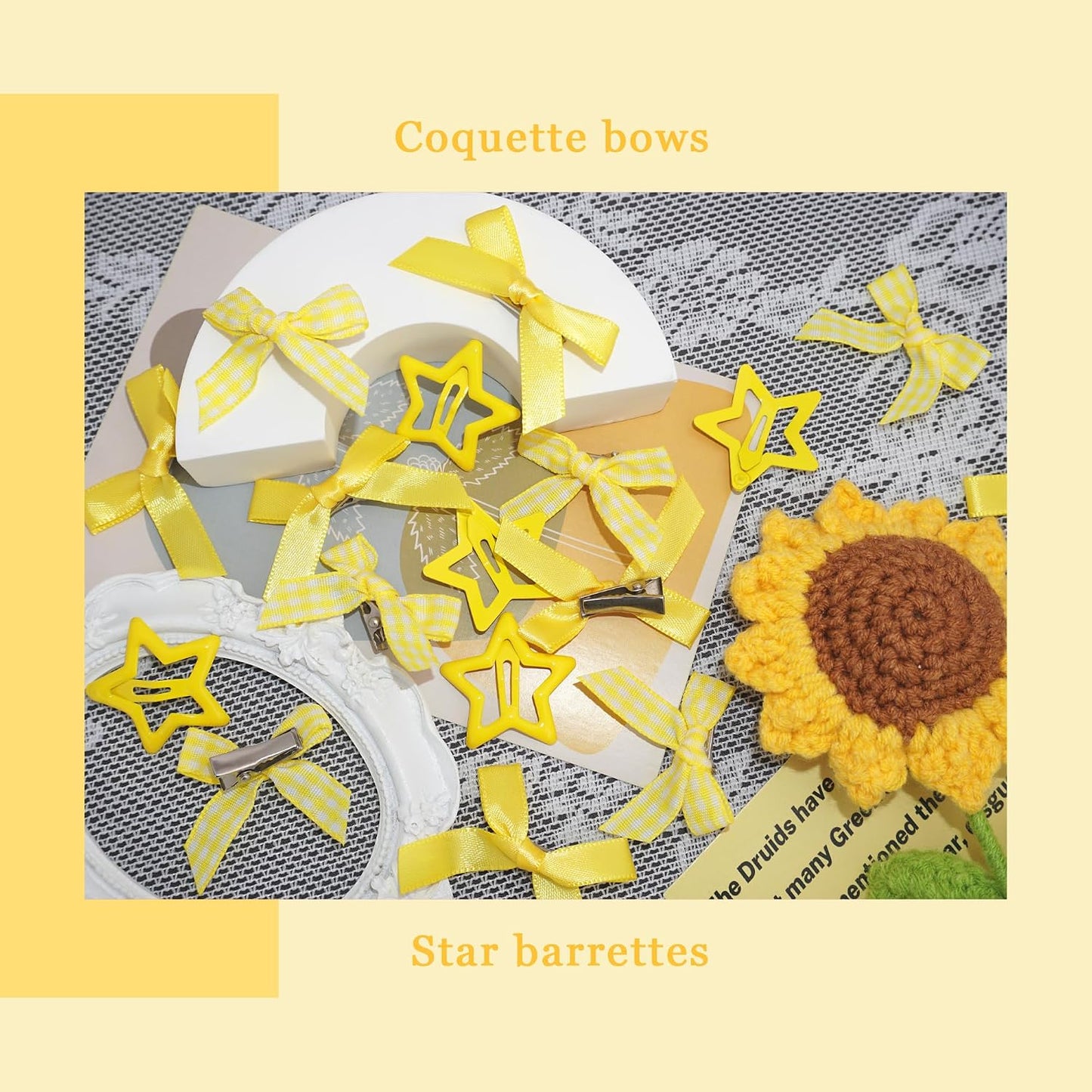 24PCS Yellow Bow Hair Clip 3 Styles Ribbon Hair Barrettes Metal Snap Star Hair Clips Y2k Plaid Bowknot Hair Accessories for Women