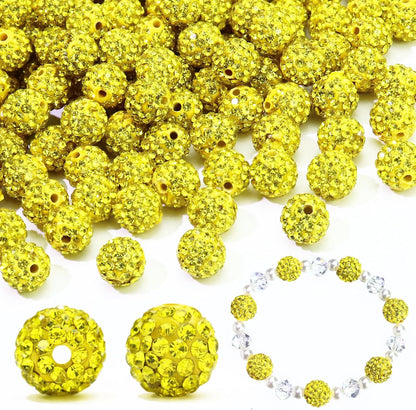 110PCS 10MM Rhinestone Beads for Jewelry Making, Round Rhinestone Clay Beads for Baseball Bracelet Earring Beaded Pen, Craft Polymer Shamballa Disco Ball Bead, Yellow/Gold