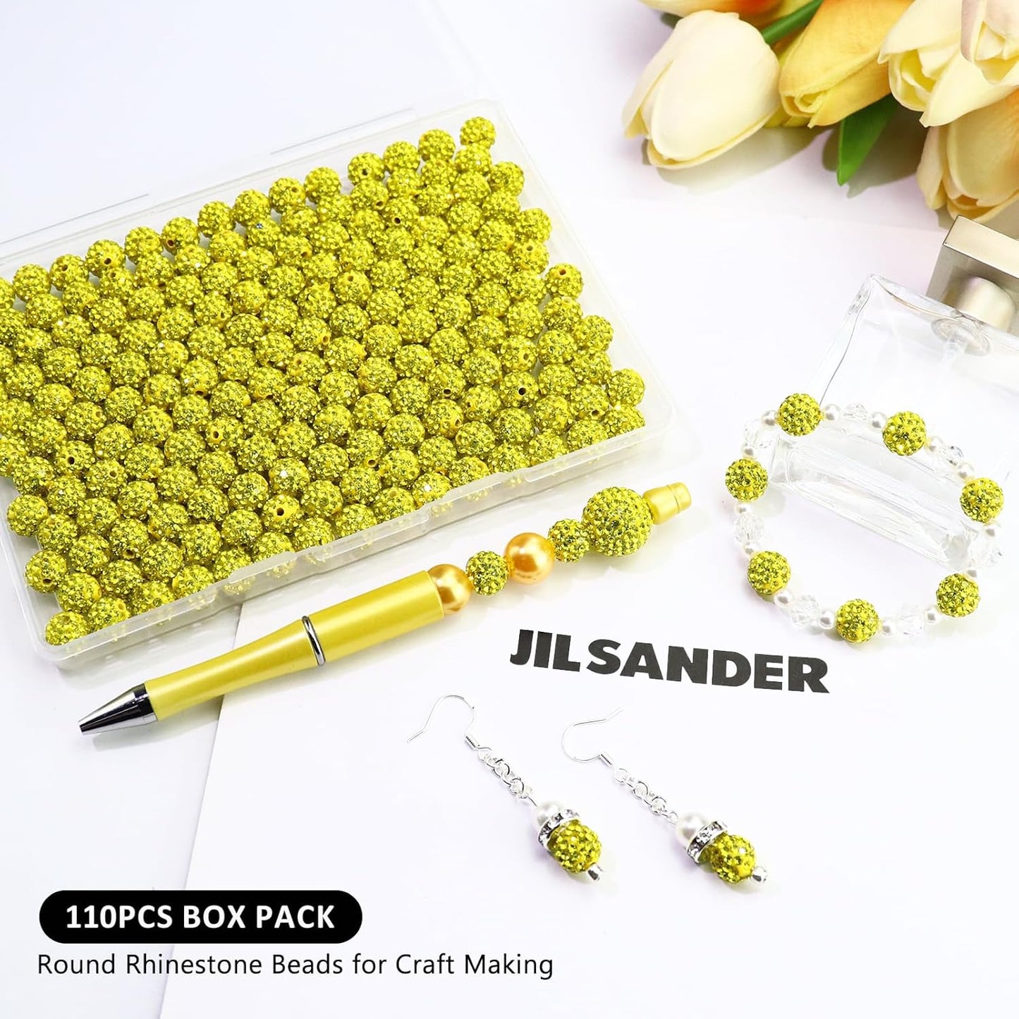 110PCS 10MM Rhinestone Beads for Jewelry Making, Round Rhinestone Clay Beads for Baseball Bracelet Earring Beaded Pen, Craft Polymer Shamballa Disco Ball Bead, Yellow/Gold