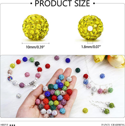110PCS 10MM Rhinestone Beads for Jewelry Making, Round Rhinestone Clay Beads for Baseball Bracelet Earring Beaded Pen, Craft Polymer Shamballa Disco Ball Bead, Yellow/Gold