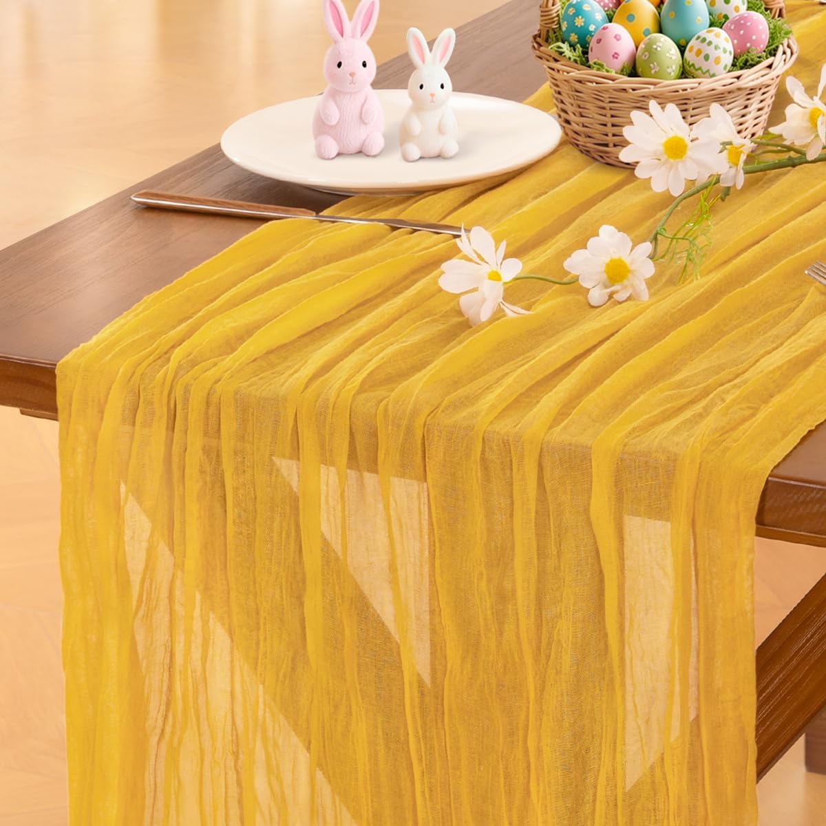 Gold Yellow Cheesecloth Table Runner Summer Boho Rustic Gauze 120 inch 10FT Cheese Cloth Sheer Runner for Wedding Party Baby Shower Birthday Home Decor Holiday Decorations
