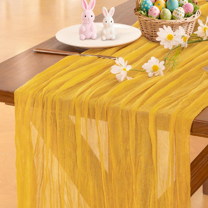 Gold Yellow Cheesecloth Table Runner Summer Boho Rustic Gauze 120 inch 10FT Cheese Cloth Sheer Runner for Wedding Party Baby Shower Birthday Home Decor Holiday Decorations
