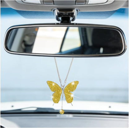 Bling Butterfly Diamond Car Hanging Accessories, Crystal Rhinestone Lucky Vehicle Rear View Mirror Charms, Auto Interior Pendant Ornament, Universal for SUV RV Truck (Lemon Yellow)