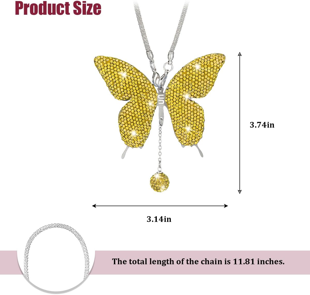 Bling Butterfly Diamond Car Hanging Accessories, Crystal Rhinestone Lucky Vehicle Rear View Mirror Charms, Auto Interior Pendant Ornament, Universal for SUV RV Truck (Lemon Yellow)