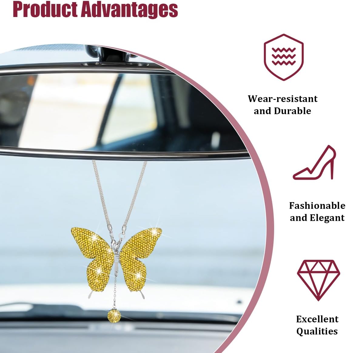 Bling Butterfly Diamond Car Hanging Accessories, Crystal Rhinestone Lucky Vehicle Rear View Mirror Charms, Auto Interior Pendant Ornament, Universal for SUV RV Truck (Lemon Yellow)