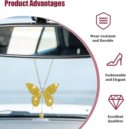 Bling Butterfly Diamond Car Hanging Accessories, Crystal Rhinestone Lucky Vehicle Rear View Mirror Charms, Auto Interior Pendant Ornament, Universal for SUV RV Truck (Lemon Yellow)