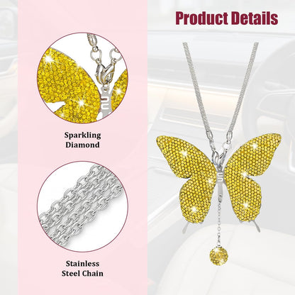 Bling Butterfly Diamond Car Hanging Accessories, Crystal Rhinestone Lucky Vehicle Rear View Mirror Charms, Auto Interior Pendant Ornament, Universal for SUV RV Truck (Lemon Yellow)