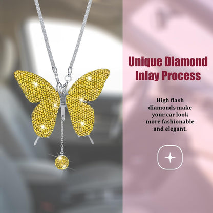 Bling Butterfly Diamond Car Hanging Accessories, Crystal Rhinestone Lucky Vehicle Rear View Mirror Charms, Auto Interior Pendant Ornament, Universal for SUV RV Truck (Lemon Yellow)