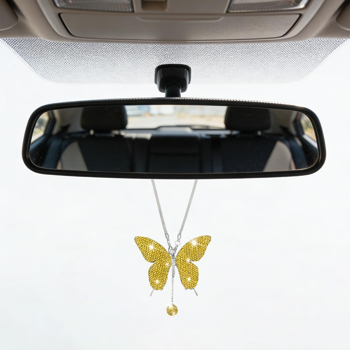 Bling Butterfly Diamond Car Hanging Accessories, Crystal Rhinestone Lucky Vehicle Rear View Mirror Charms, Auto Interior Pendant Ornament, Universal for SUV RV Truck (Lemon Yellow)