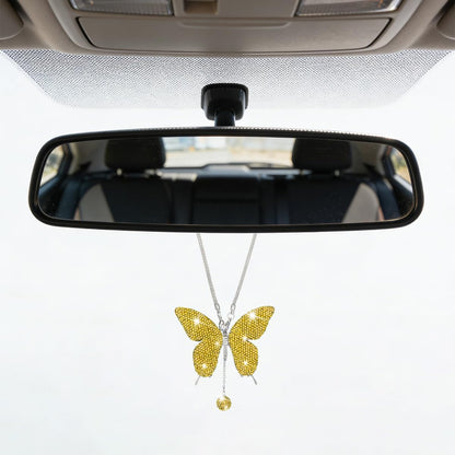 Bling Butterfly Diamond Car Hanging Accessories, Crystal Rhinestone Lucky Vehicle Rear View Mirror Charms, Auto Interior Pendant Ornament, Universal for SUV RV Truck (Lemon Yellow)