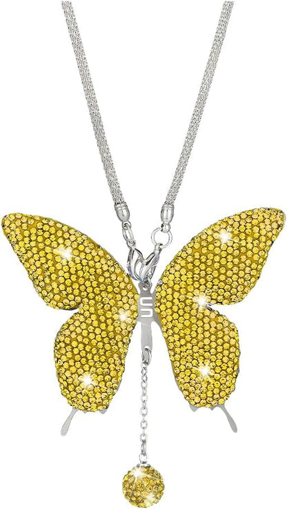 Bling Butterfly Diamond Car Hanging Accessories, Crystal Rhinestone Lucky Vehicle Rear View Mirror Charms, Auto Interior Pendant Ornament, Universal for SUV RV Truck (Lemon Yellow)