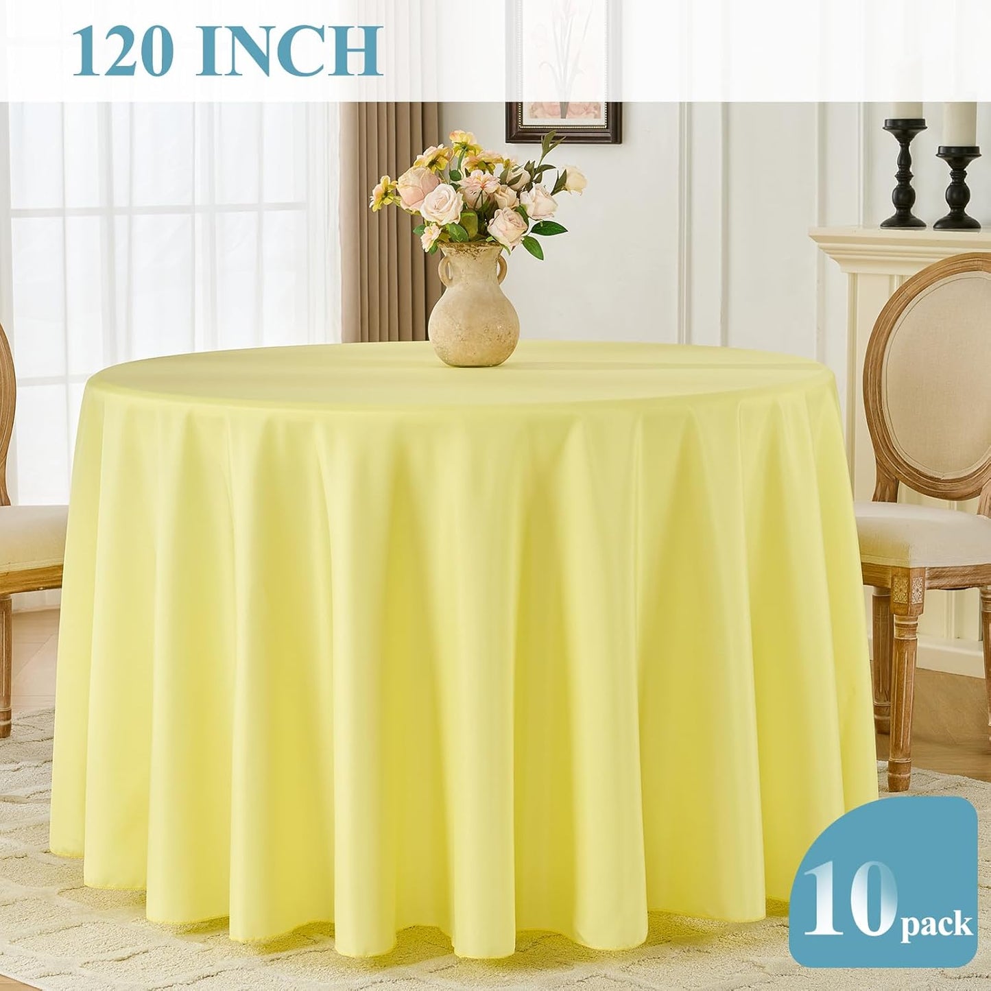 Tablecloth 10 Pack 120inch Round Table Cloth Polyester, Stain Wrinkle Resistant Polyester Dining Table Cover for Kitchen Dinning Party Wedding Round Tabletop Buffet Decoration(Yellow)