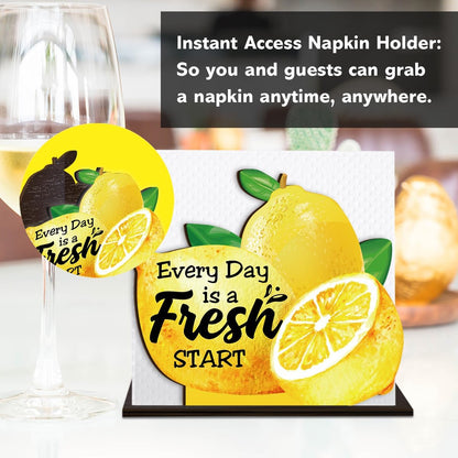 Lemon Wooden Napkin Holder, Every Day Fresh Start Yellow Lemon Tissue Dispenser, Farmhouse Summer Lemons Decor for Kitchen Dining Room Table Coffee Station Home