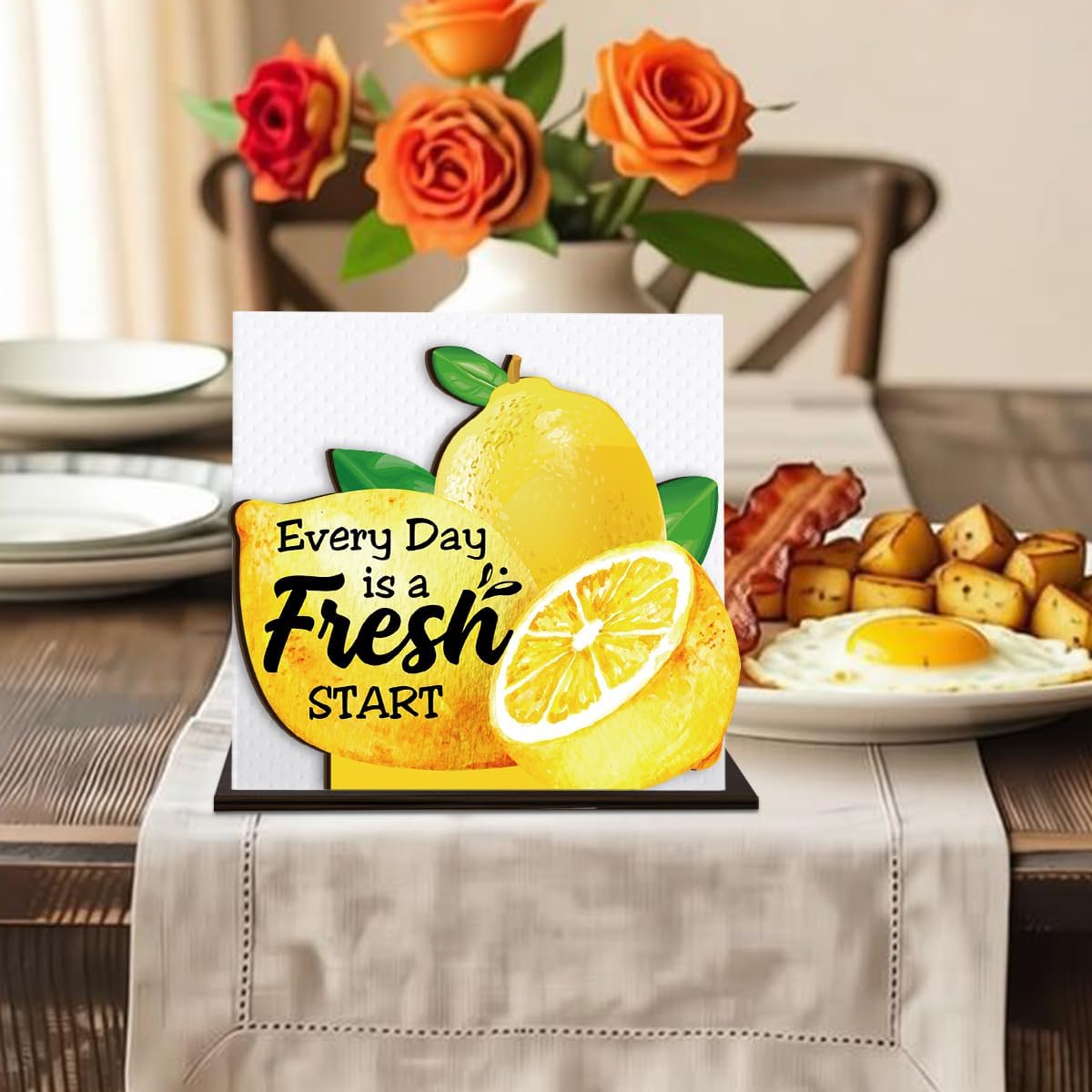 Lemon Wooden Napkin Holder, Every Day Fresh Start Yellow Lemon Tissue Dispenser, Farmhouse Summer Lemons Decor for Kitchen Dining Room Table Coffee Station Home
