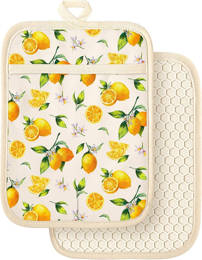 Silcone Lemon Pot Holders for Kitchen - 100% Cotton Beige Cute Oven Potholders with Pockets, Heat Resistant Square Thick Hot Pads, House New Home Baking Baker Gifts,2pack
