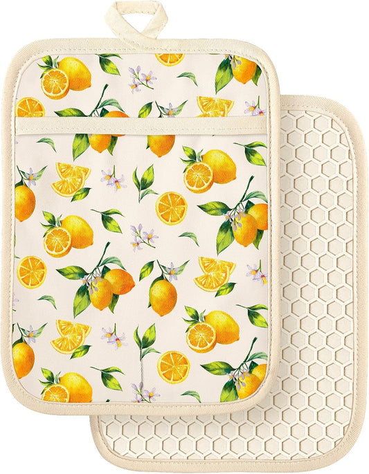 Silcone Lemon Pot Holders for Kitchen - 100% Cotton Beige Cute Oven Potholders with Pockets, Heat Resistant Square Thick Hot Pads, House New Home Baking Baker Gifts,2pack