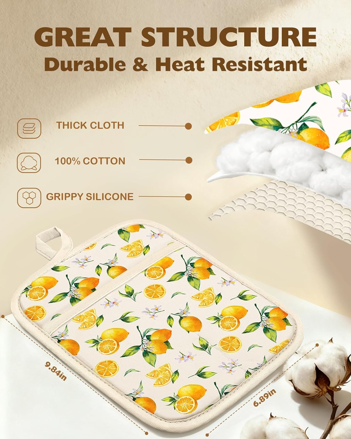 Silcone Lemon Pot Holders for Kitchen - 100% Cotton Beige Cute Oven Potholders with Pockets, Heat Resistant Square Thick Hot Pads, House New Home Baking Baker Gifts,2pack