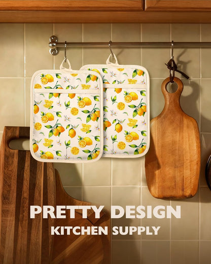 Silcone Lemon Pot Holders for Kitchen - 100% Cotton Beige Cute Oven Potholders with Pockets, Heat Resistant Square Thick Hot Pads, House New Home Baking Baker Gifts,2pack