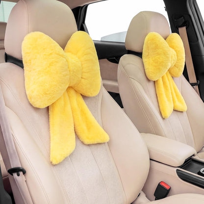 2 Pcs Car Neck Pillow Plush Butterfly Bow Car Headrest Pillow Comfortable Seat Neck Support Cute Head Rest Accessories for Driving Travel Driver Chair Girl Interior Decor(Lemon Yellow,Solid)
