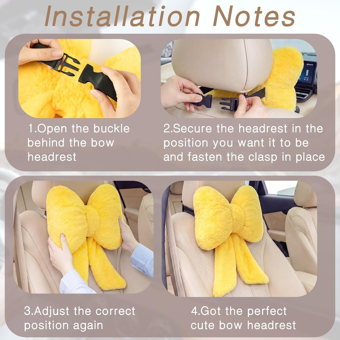 2 Pcs Car Neck Pillow Plush Butterfly Bow Car Headrest Pillow Comfortable Seat Neck Support Cute Head Rest Accessories for Driving Travel Driver Chair Girl Interior Decor(Lemon Yellow,Solid)