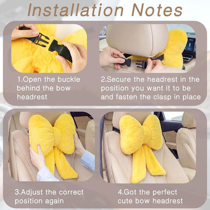 2 Pcs Car Neck Pillow Plush Butterfly Bow Car Headrest Pillow Comfortable Seat Neck Support Cute Head Rest Accessories for Driving Travel Driver Chair Girl Interior Decor(Lemon Yellow,Solid)