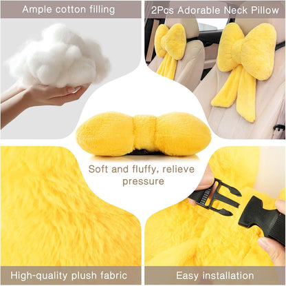 2 Pcs Car Neck Pillow Plush Butterfly Bow Car Headrest Pillow Comfortable Seat Neck Support Cute Head Rest Accessories for Driving Travel Driver Chair Girl Interior Decor(Lemon Yellow,Solid)
