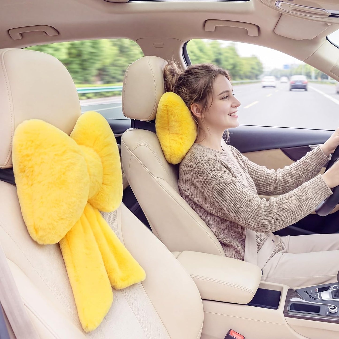 2 Pcs Car Neck Pillow Plush Butterfly Bow Car Headrest Pillow Comfortable Seat Neck Support Cute Head Rest Accessories for Driving Travel Driver Chair Girl Interior Decor(Lemon Yellow,Solid)