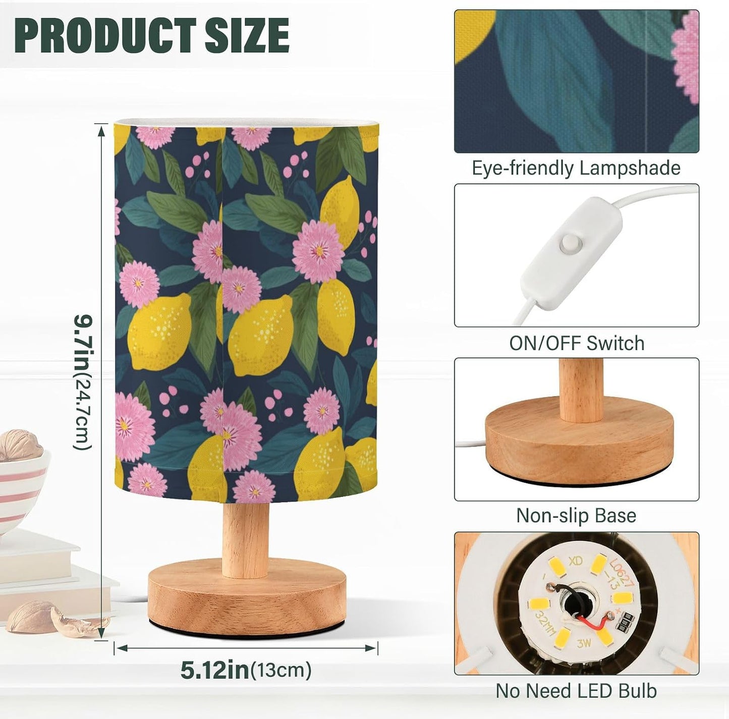 Bedside Table Lamp Lemon Yellow Citrus Fruits (14) Kids Nightstand Lamp Night Light Fabric Shade for Bedroom Living Room Home Office