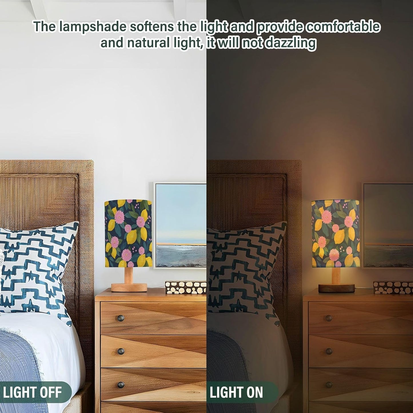 Bedside Table Lamp Lemon Yellow Citrus Fruits (14) Kids Nightstand Lamp Night Light Fabric Shade for Bedroom Living Room Home Office