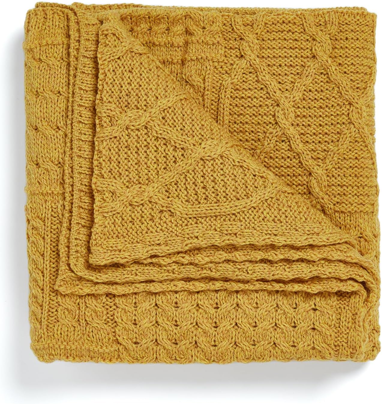 Patchwork Blanket, 100% Merino Wool, Cable Throw Blanket for Couch or Bed, Made in Ireland, Keel, Yellow, 40" x 60" (102 x 152 cm)
