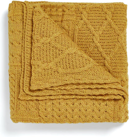 Patchwork Blanket, 100% Merino Wool, Cable Throw Blanket for Couch or Bed, Made in Ireland, Keel, Yellow, 40" x 60" (102 x 152 cm)