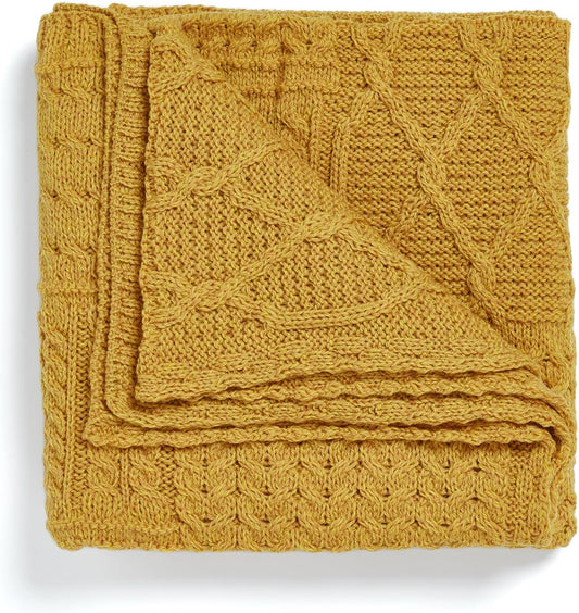 Patchwork Blanket, 100% Merino Wool, Cable Throw Blanket for Couch or Bed, Made in Ireland, Keel, Yellow, 40" x 60" (102 x 152 cm)