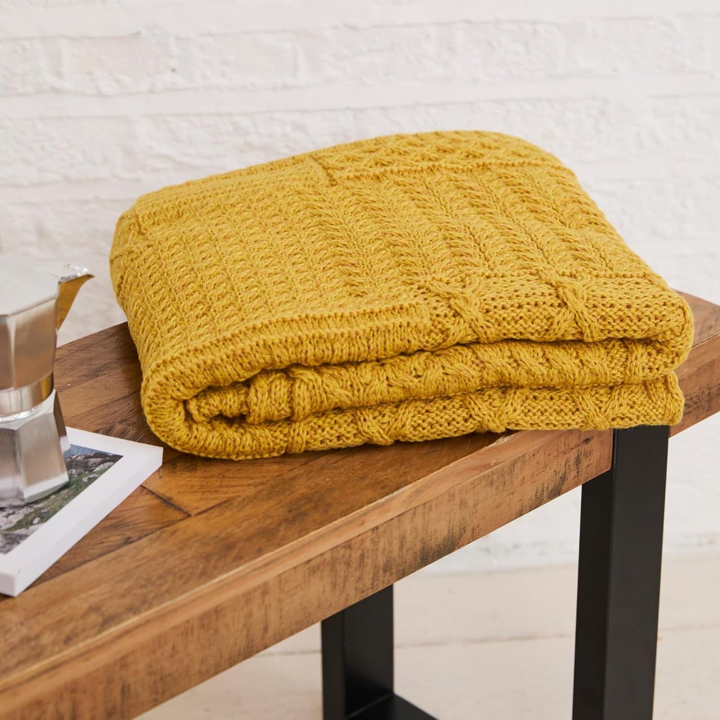 Patchwork Blanket, 100% Merino Wool, Cable Throw Blanket for Couch or Bed, Made in Ireland, Keel, Yellow, 40" x 60" (102 x 152 cm)