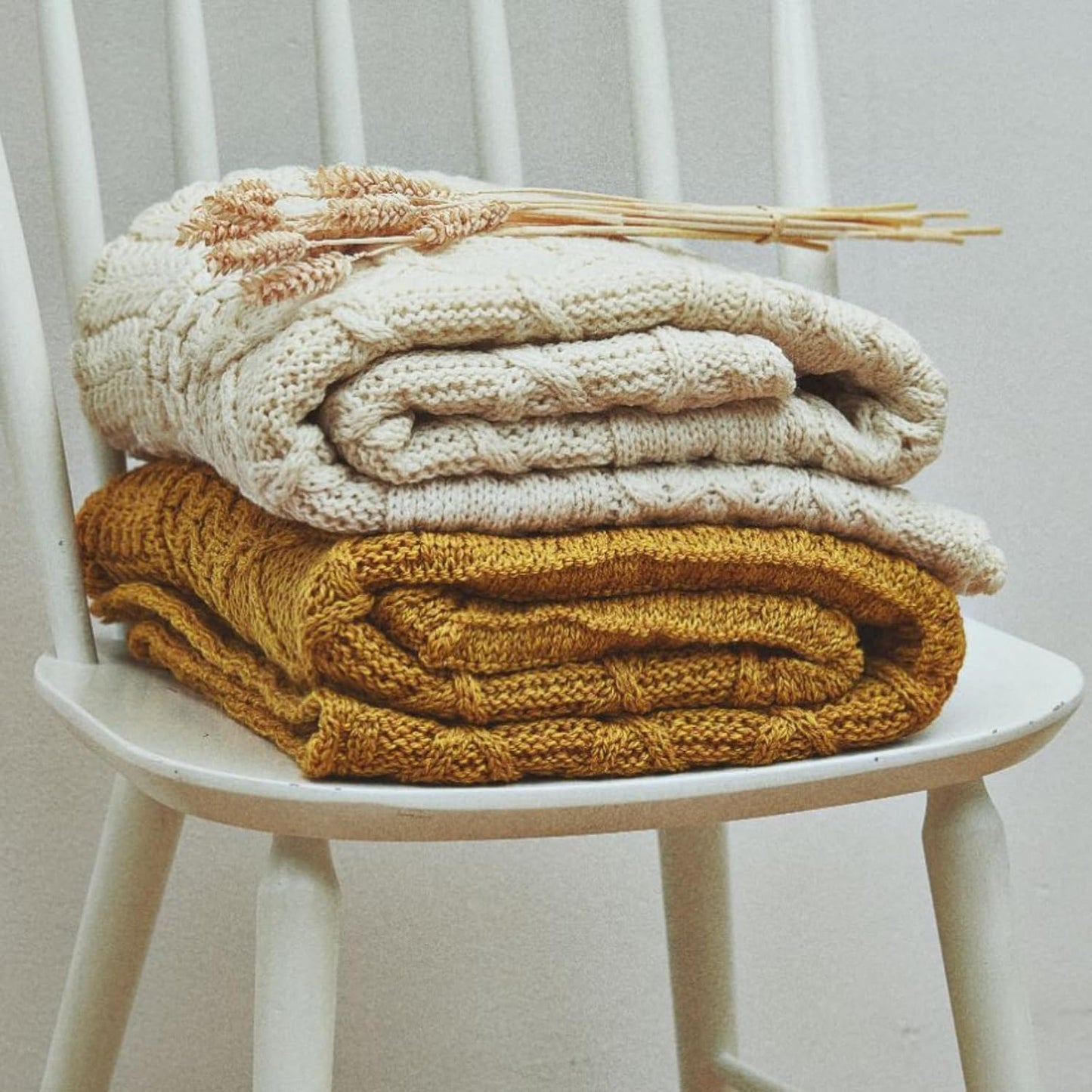 Patchwork Blanket, 100% Merino Wool, Cable Throw Blanket for Couch or Bed, Made in Ireland, Keel, Yellow, 40" x 60" (102 x 152 cm)