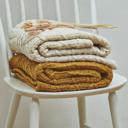 Patchwork Blanket, 100% Merino Wool, Cable Throw Blanket for Couch or Bed, Made in Ireland, Keel, Yellow, 40" x 60" (102 x 152 cm)