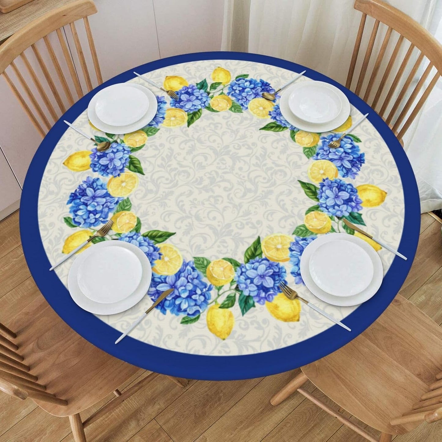 Summer Round Tablecloth Blue Yellow Lemon Hydrangea Flowers Table Cover with Elastic Edge Washable Fitted Table Cloth for Kitchen Patry Outdoor Decor Fits 45"-50", Medium