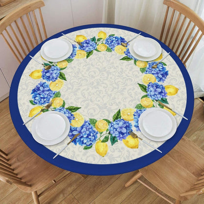 Summer Round Tablecloth Blue Yellow Lemon Hydrangea Flowers Table Cover with Elastic Edge Washable Fitted Table Cloth for Kitchen Patry Outdoor Decor Fits 45"-50", Medium