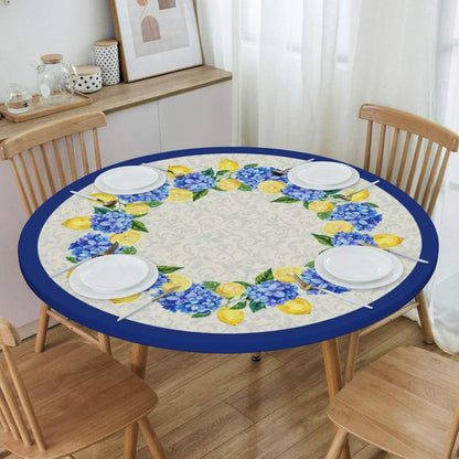 Summer Round Tablecloth Blue Yellow Lemon Hydrangea Flowers Table Cover with Elastic Edge Washable Fitted Table Cloth for Kitchen Patry Outdoor Decor Fits 45"-50", Medium