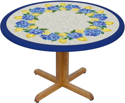 Summer Round Tablecloth Blue Yellow Lemon Hydrangea Flowers Table Cover with Elastic Edge Washable Fitted Table Cloth for Kitchen Patry Outdoor Decor Fits 45"-50", Medium