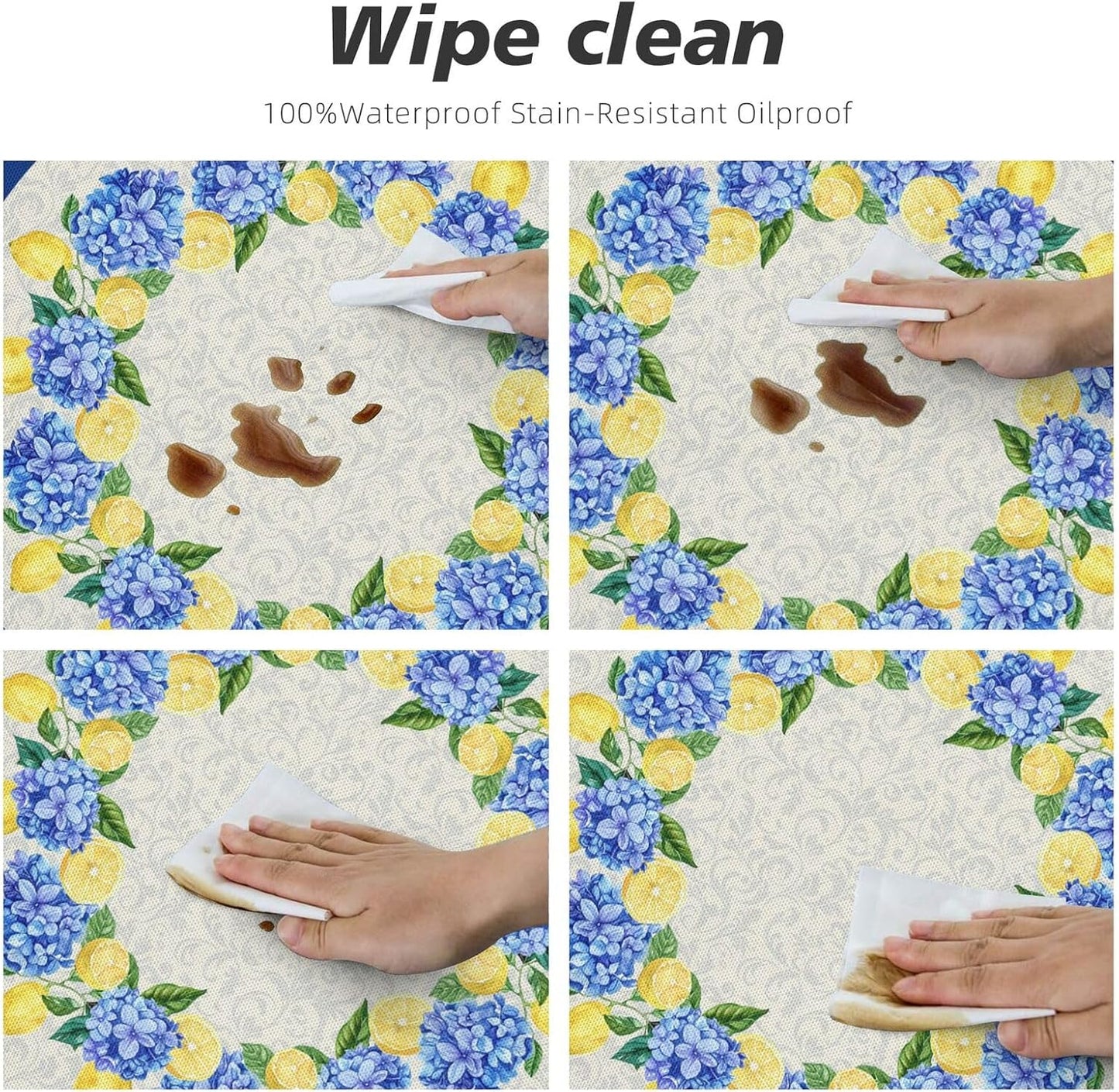 Summer Round Tablecloth Blue Yellow Lemon Hydrangea Flowers Table Cover with Elastic Edge Washable Fitted Table Cloth for Kitchen Patry Outdoor Decor Fits 45"-50", Medium