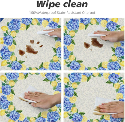 Summer Round Tablecloth Blue Yellow Lemon Hydrangea Flowers Table Cover with Elastic Edge Washable Fitted Table Cloth for Kitchen Patry Outdoor Decor Fits 45"-50", Medium