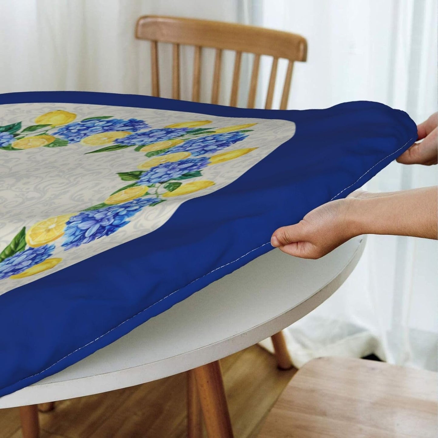 Summer Round Tablecloth Blue Yellow Lemon Hydrangea Flowers Table Cover with Elastic Edge Washable Fitted Table Cloth for Kitchen Patry Outdoor Decor Fits 45"-50", Medium