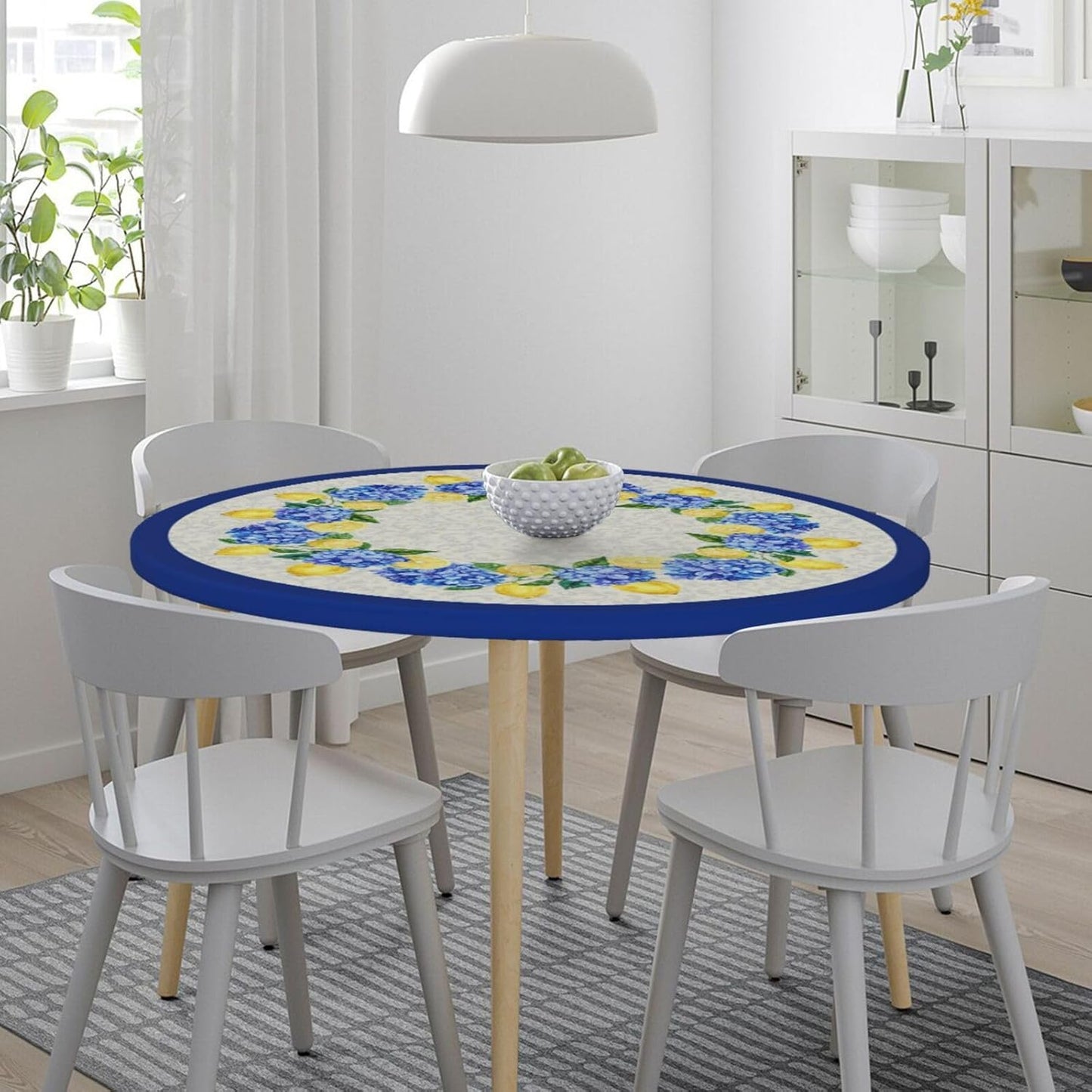Summer Round Tablecloth Blue Yellow Lemon Hydrangea Flowers Table Cover with Elastic Edge Washable Fitted Table Cloth for Kitchen Patry Outdoor Decor Fits 45"-50", Medium