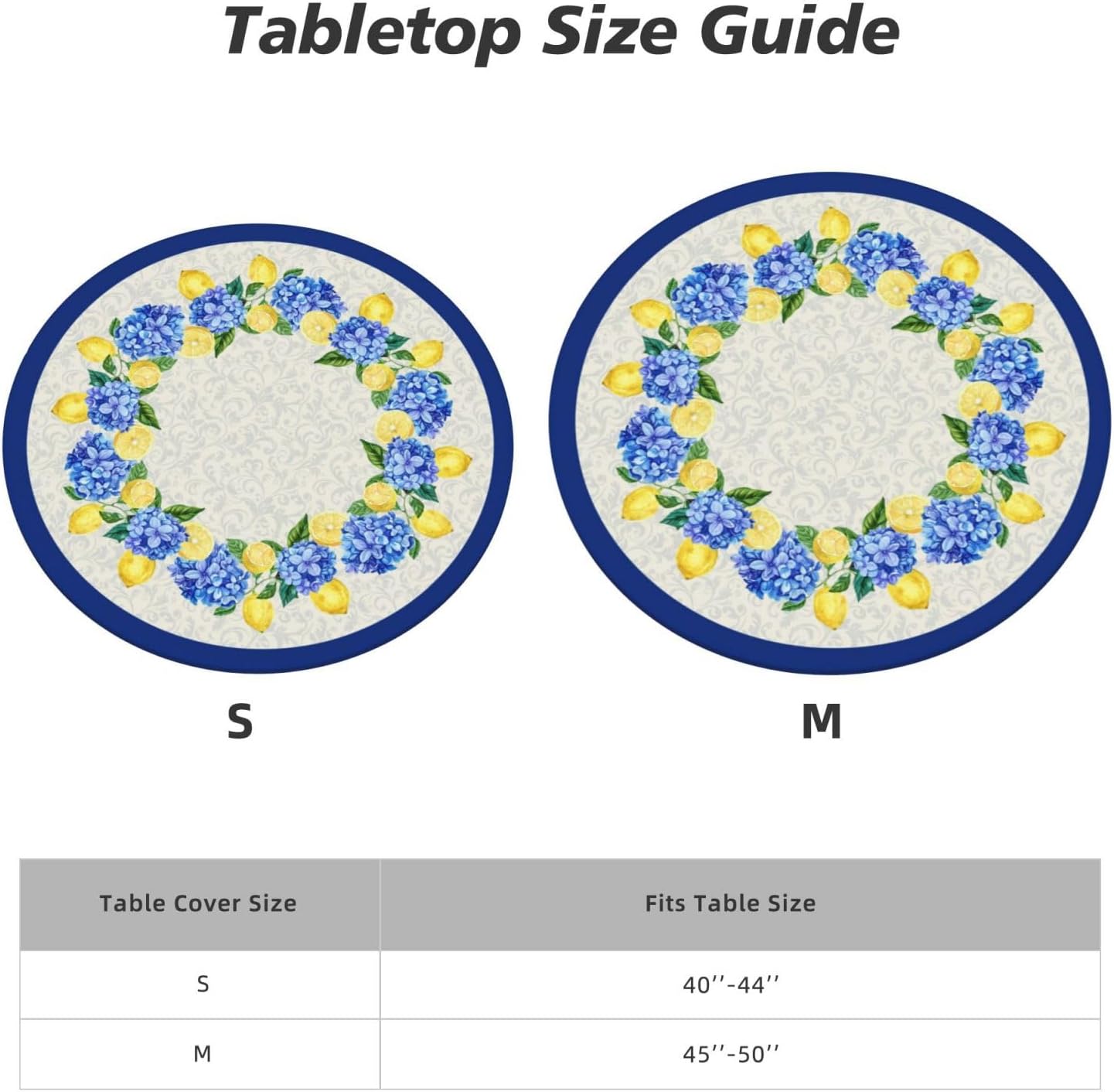 Summer Round Tablecloth Blue Yellow Lemon Hydrangea Flowers Table Cover with Elastic Edge Washable Fitted Table Cloth for Kitchen Patry Outdoor Decor Fits 45"-50", Medium